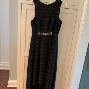 Shoshanna Black Striped High-Low Evening Dress with Jeweled Waist